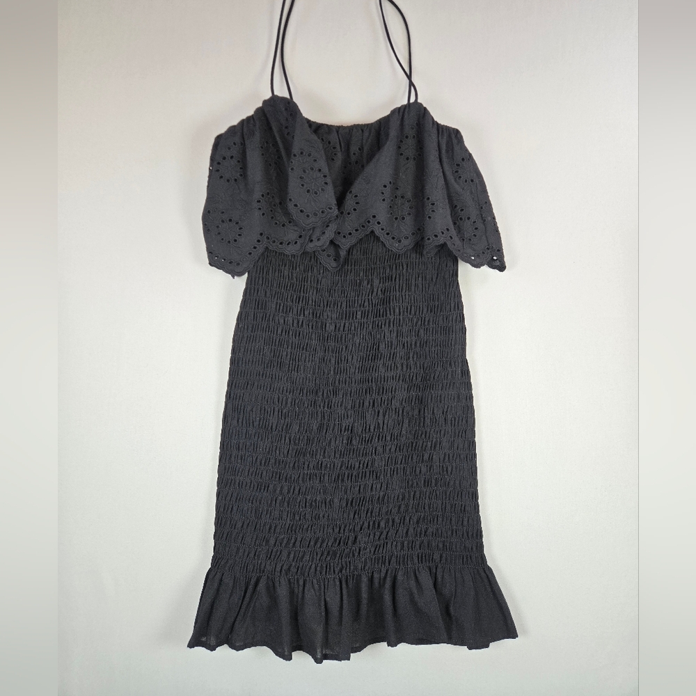 Zara Black Cotton Broderie Anglaise Smocked Mini Dress Size Medium
